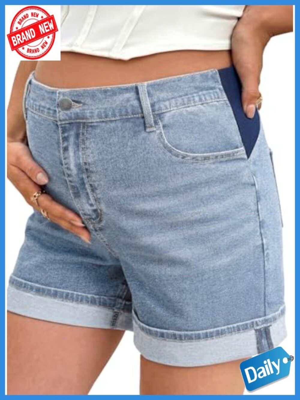 Maternity Denim Shorts Fold Hem Stretchy Under Belly Pockets